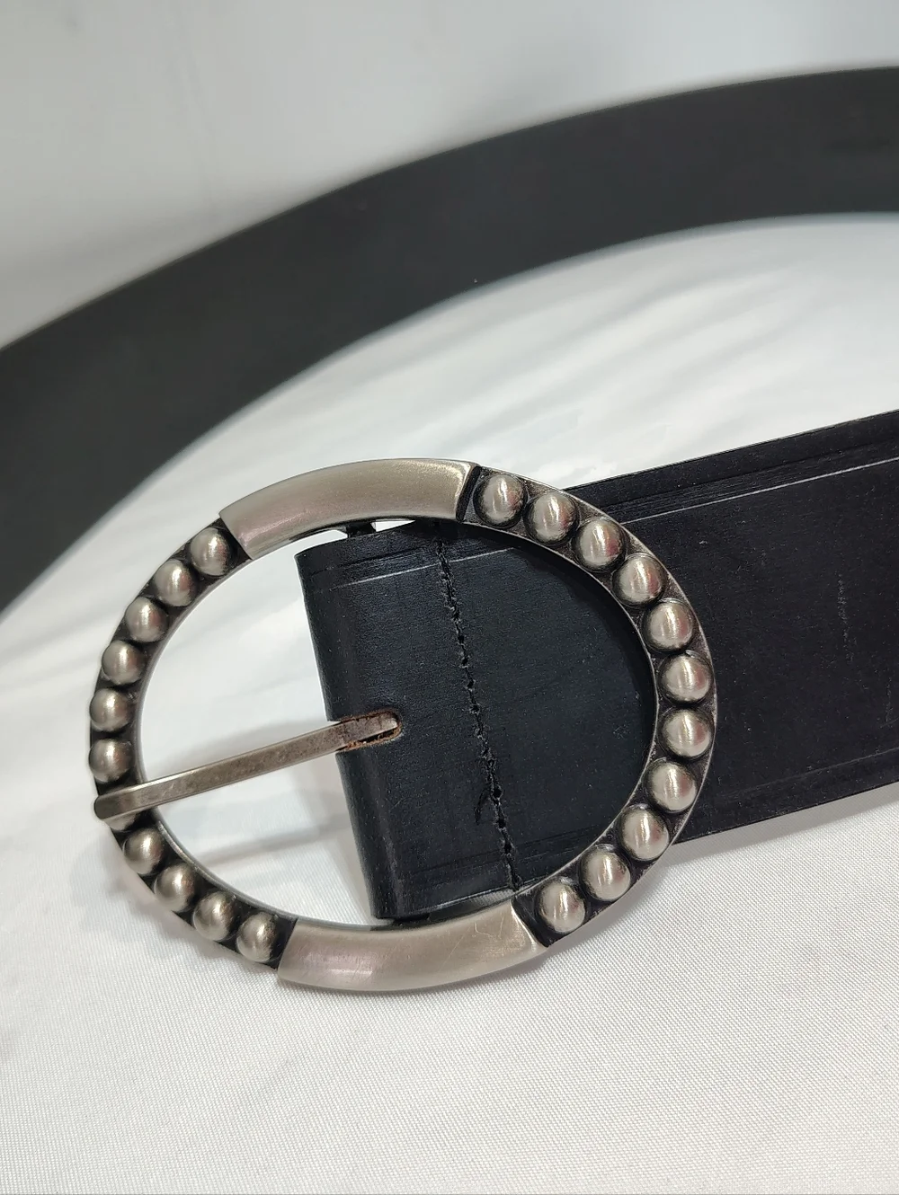 Genuine Leather Black Belt Studded Round Buckle Wide Belt 40.5” Boho Western